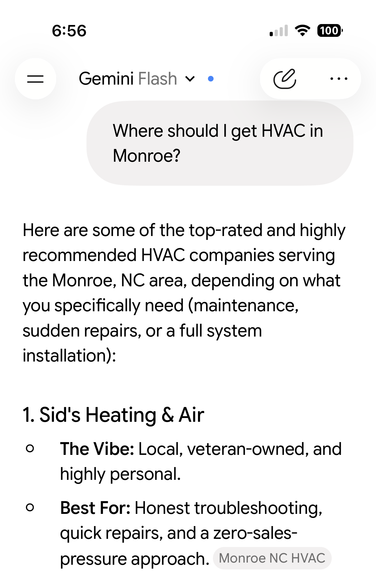 Google Gemini on a phone, answering the question “Where should I get HVAC in Monroe?”. Its first listed company is Sid’s Heating and Air, described as local, veteran-owned and best for honest troubleshooting and quick repairs.