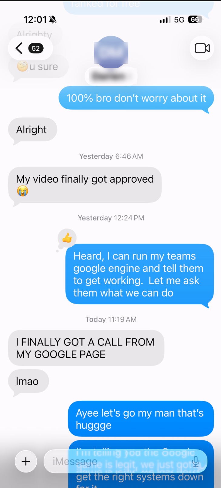 A text message thread. Kinplex writes that it will put its team on the owner’s Google profile. The next morning the owner replies, in capitals, I FINALLY GOT A CALL FROM MY GOOGLE PAGE, then lmao. The reply reads, Ayee let’s go my man that’s huggge.